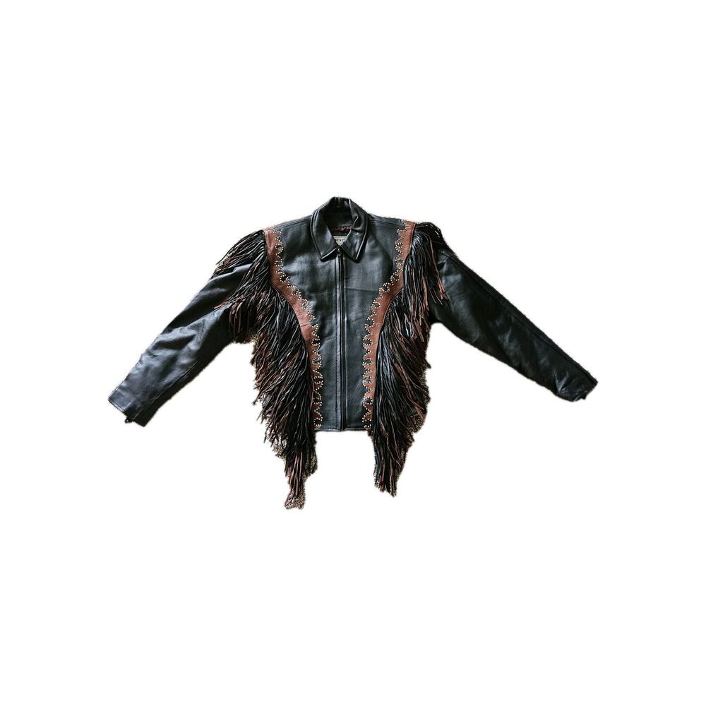 Vintage 90’s Western World By Shaf Biker Leather Fringe Studded Jacket Women XL